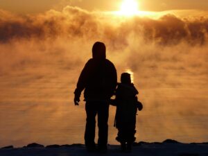 father, son, sunrise, silhouette, fog, mist, lake, family, together, nature, lake ontario