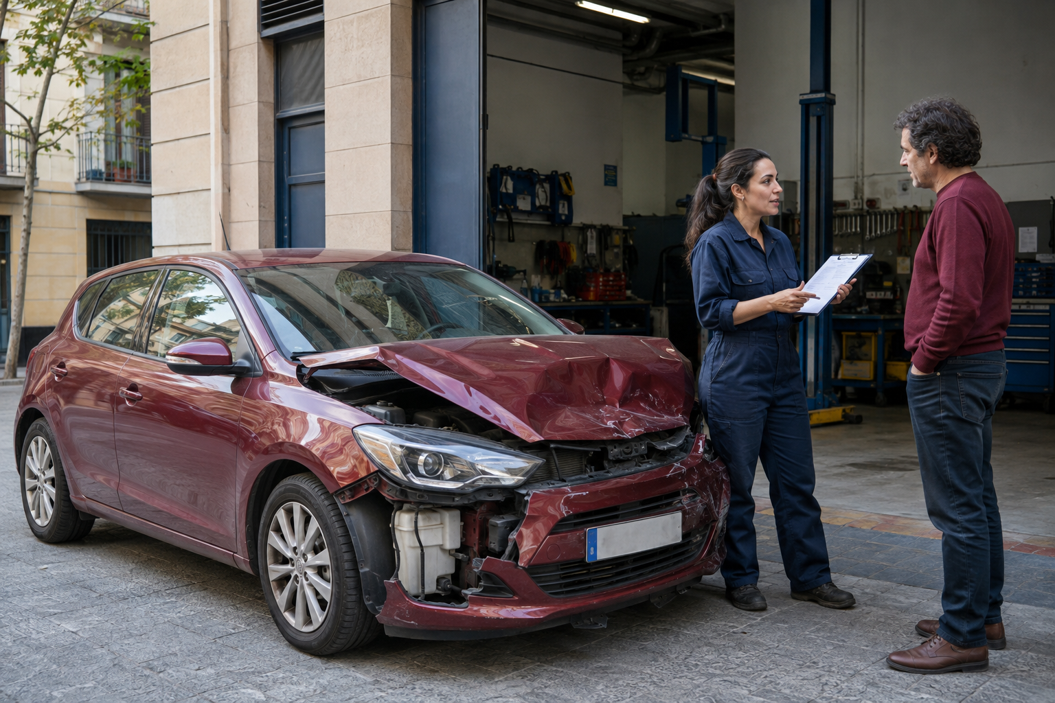 Recreación de un coche accidentado ante un taller, con su propietario y una mecánica.