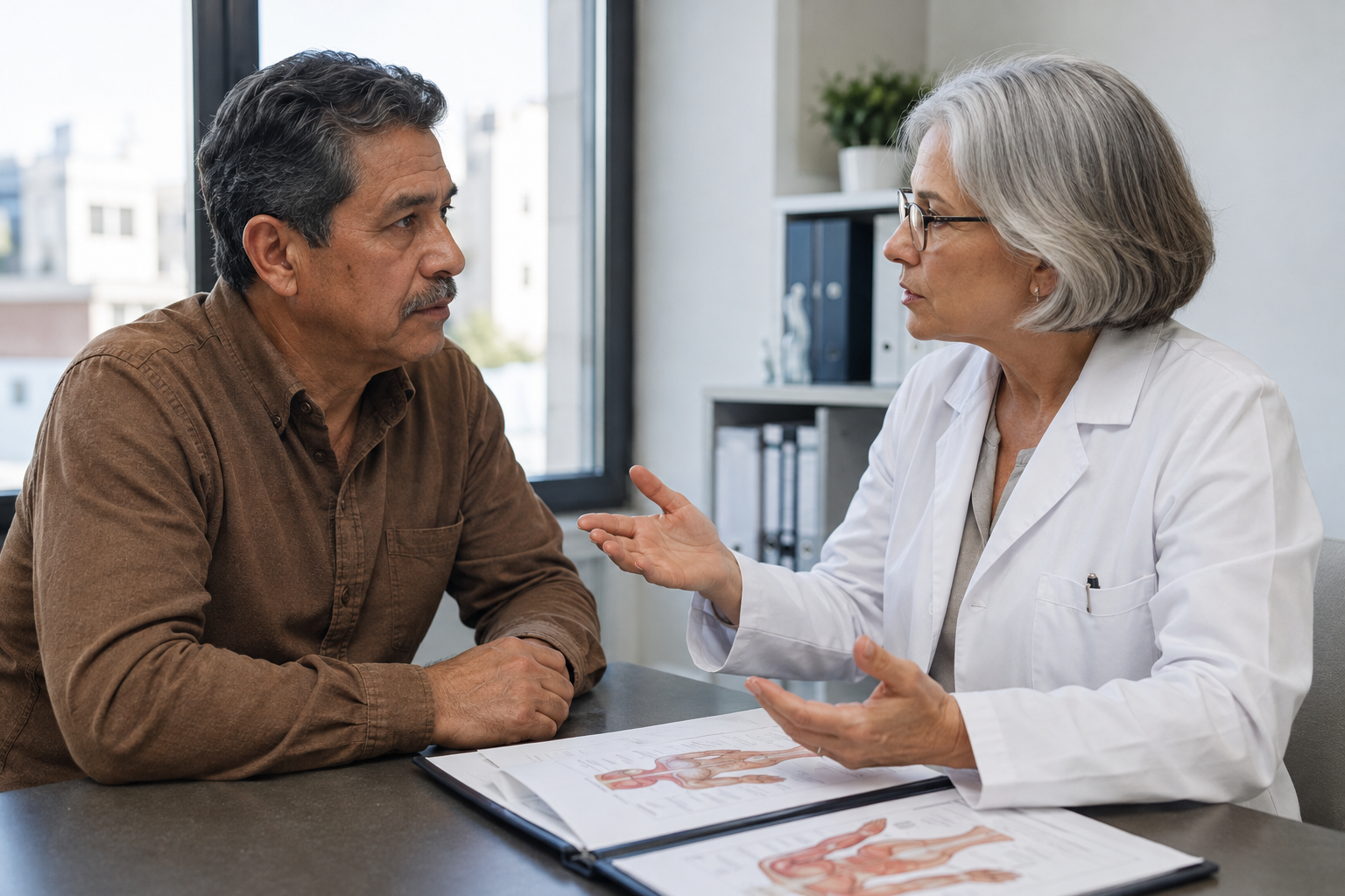 Recreación de una médica explicando una valoración a un paciente.