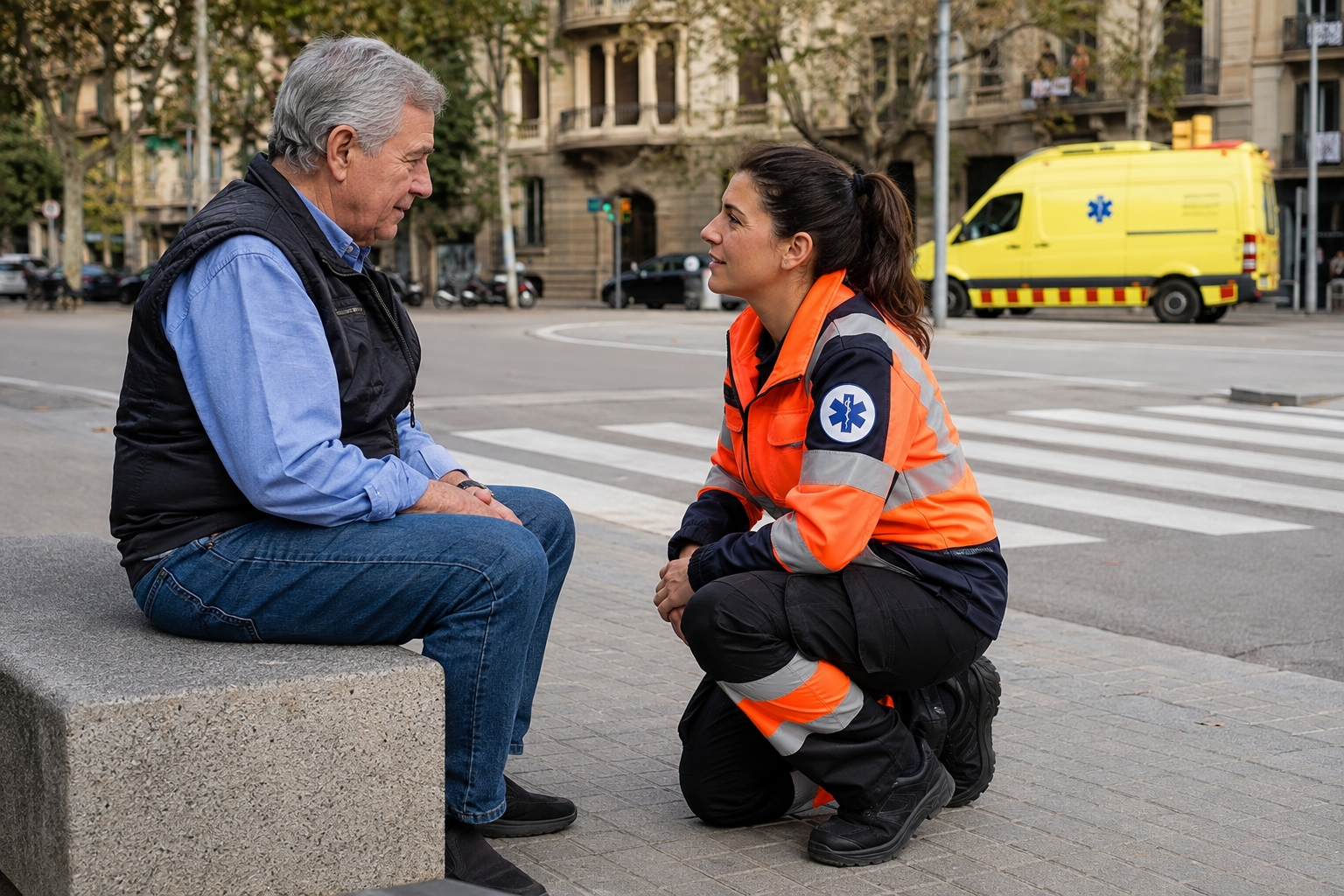 Recreación de una profesional sanitaria atendiendo a un peatón junto a un paso señalizado.