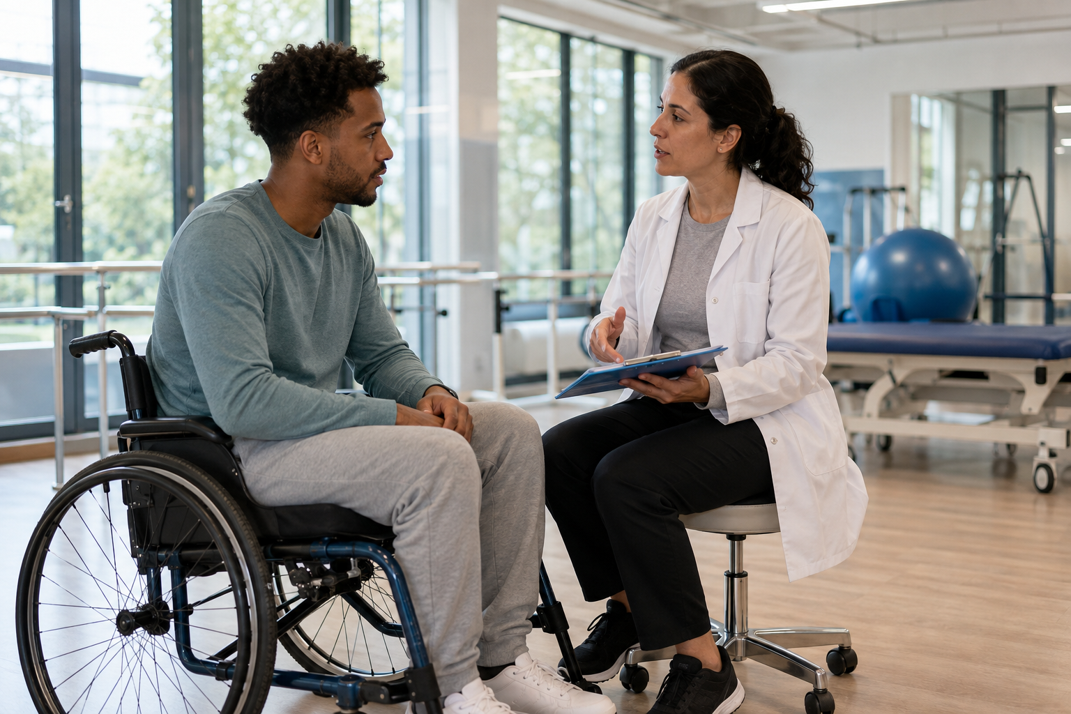 Recreación de una médica conversando con un paciente usuario de silla de ruedas.