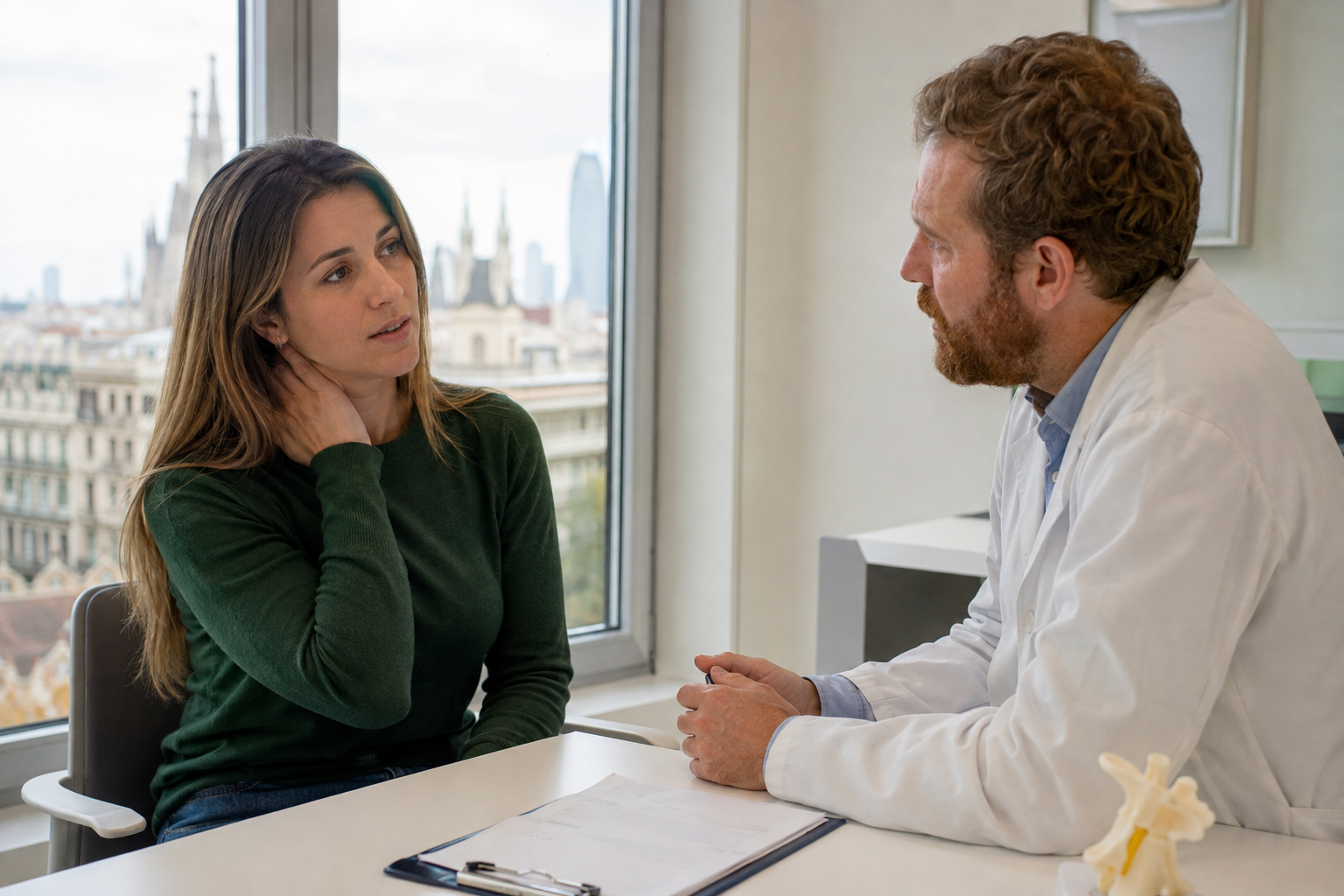Recreación de una paciente con molestias cervicales conversando con un médico.
