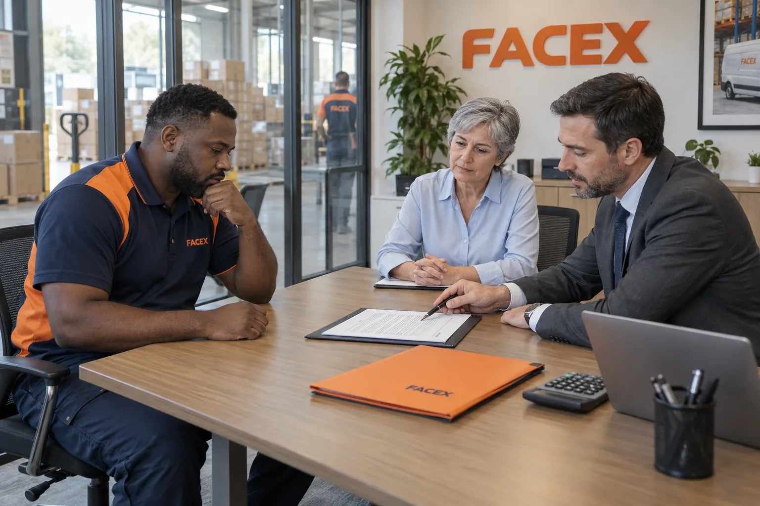Repartidor revisa un acuerdo de despido frente a una representante de FACEX y el abogado de la empresa
