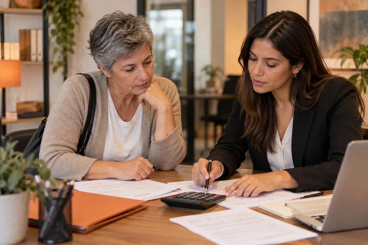 Trabajadora revisando documentos salariales y una estimación de indemnización