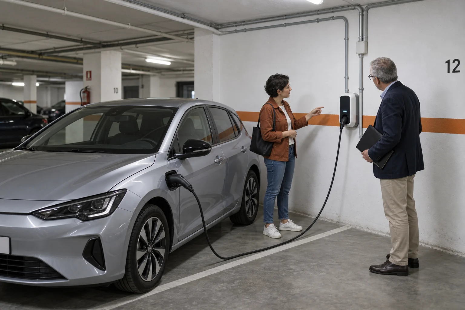 Propietaria y representante de la comunidad junto a un cargador en garaje comunitario y un coche eléctrico