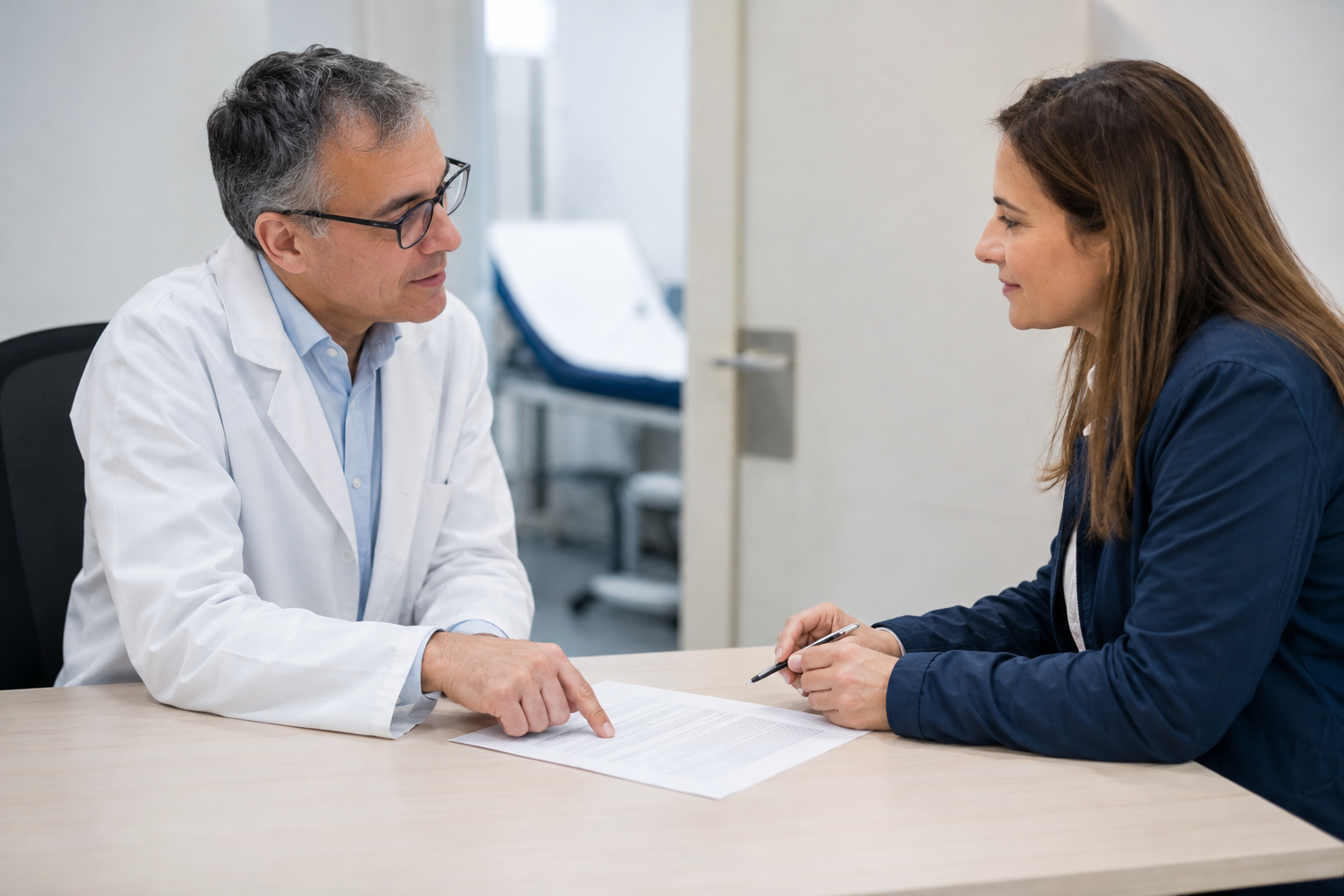 Médica explica un documento de consentimiento a un paciente