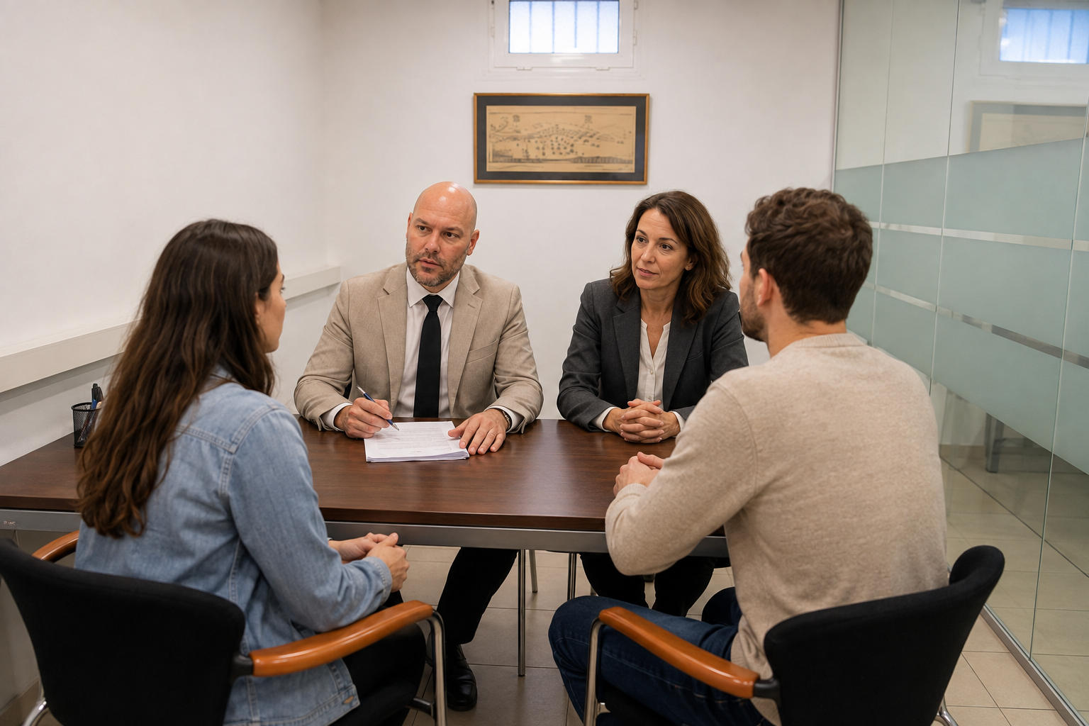 Ferran Herrera y una abogada conversando con una pareja en la sala de reuniones de Tot Dret Advocats