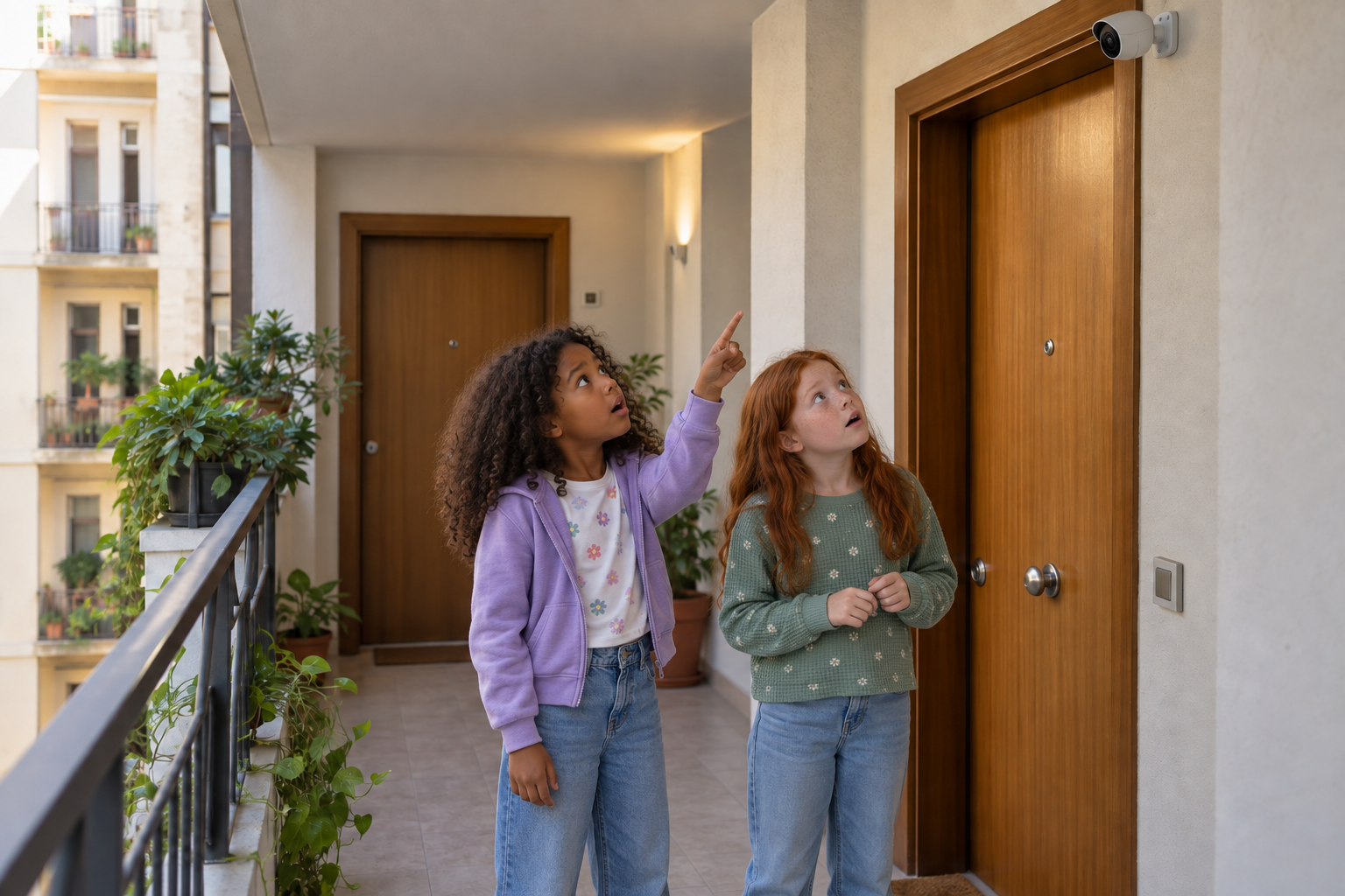 Dos niñas miran sorprendidas una cámara de vigilancia situada sobre la puerta de una vivienda