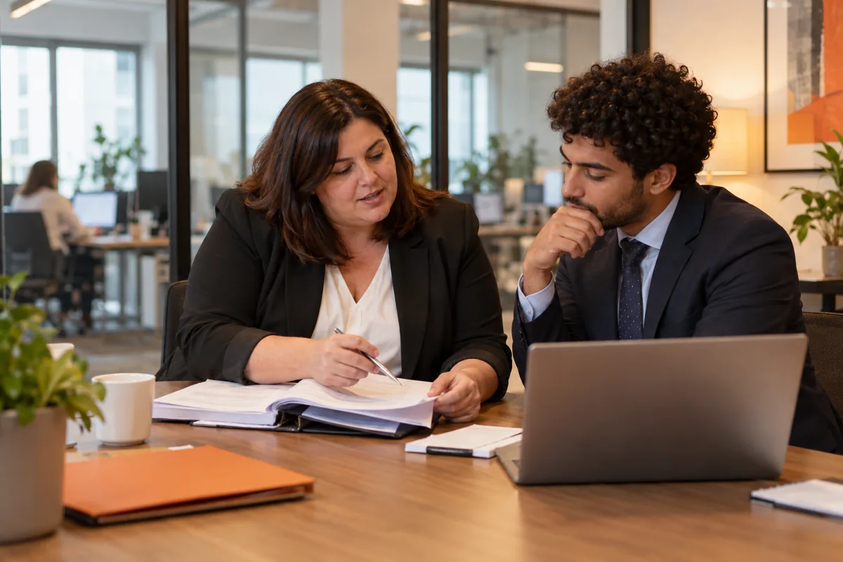 Responsables de una empresa revisando documentación laboral con asesoramiento jurídico