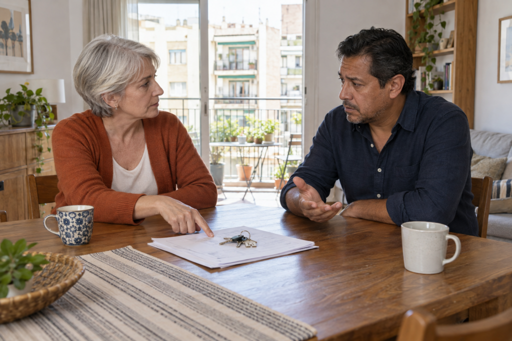 Una expareja conversa sobre las llaves y los documentos de su vivienda compartida