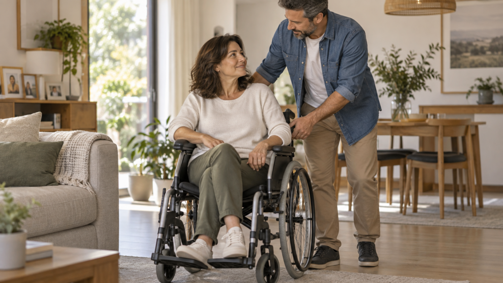 Mujer en silla de ruedas acompañada por un familiar en una vivienda accesible