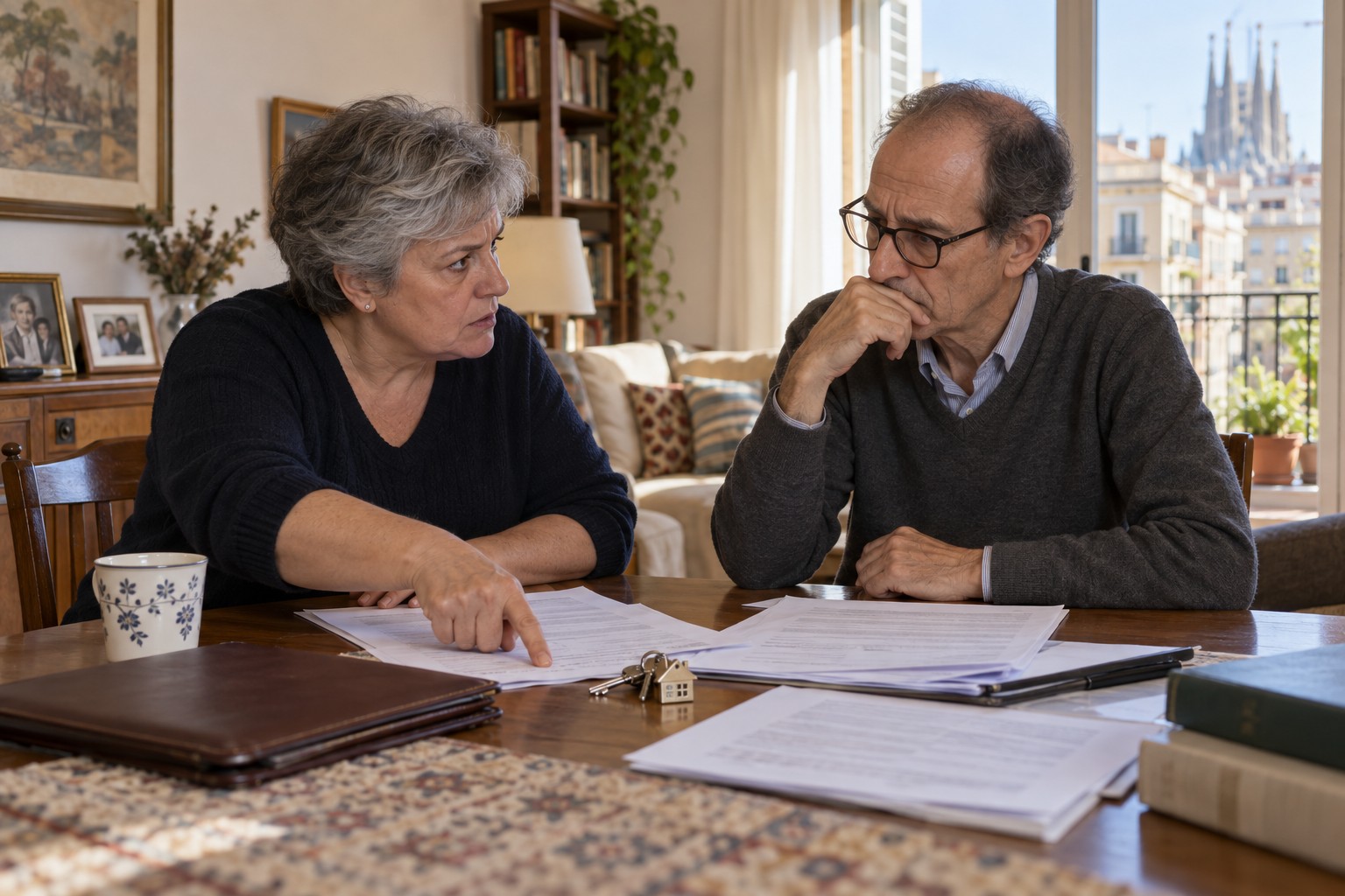 Dos hermanos revisan el reparto de la herencia y las llaves de la vivienda familiar