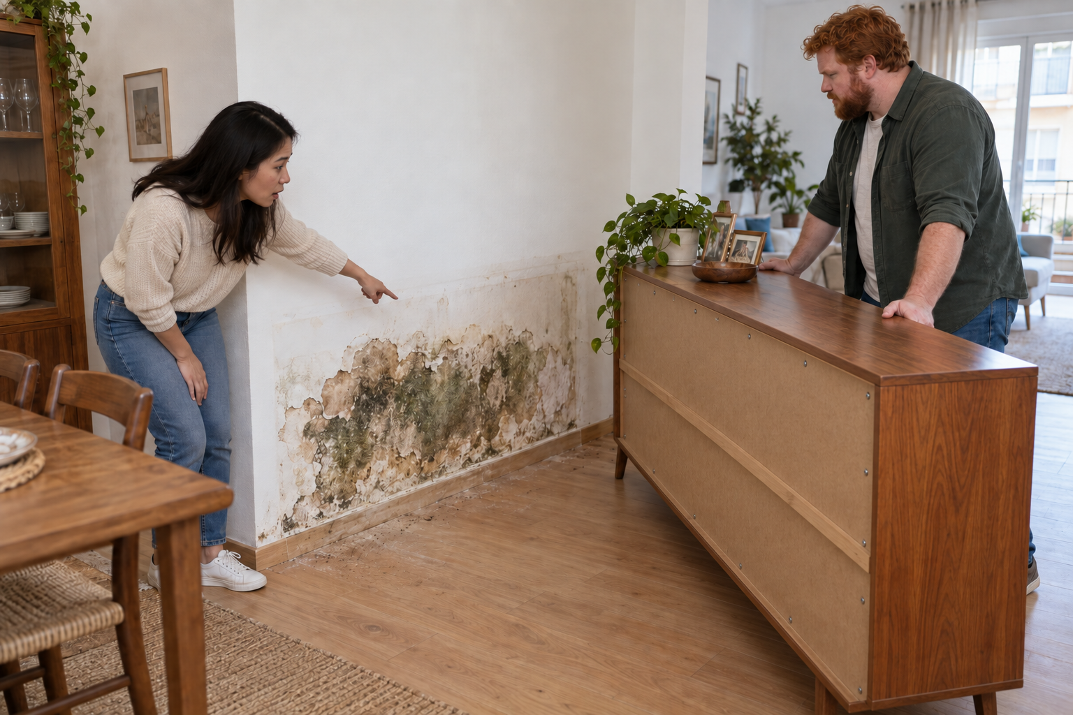 Parte trasera de un aparador desplazado que deja al descubierto una gran humedad oculta en la pared del comedor