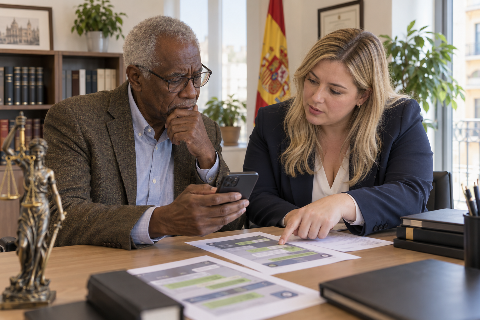 Un cliente y una abogada comparan capturas de WhatsApp con los mensajes conservados en un teléfono