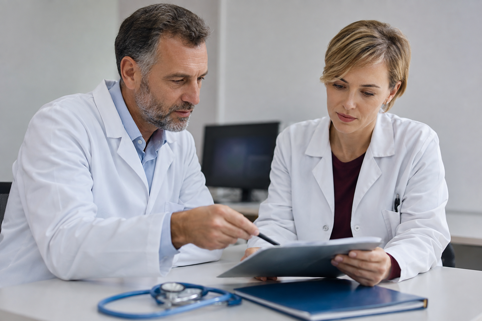Dos médicos estudian un expediente clínico