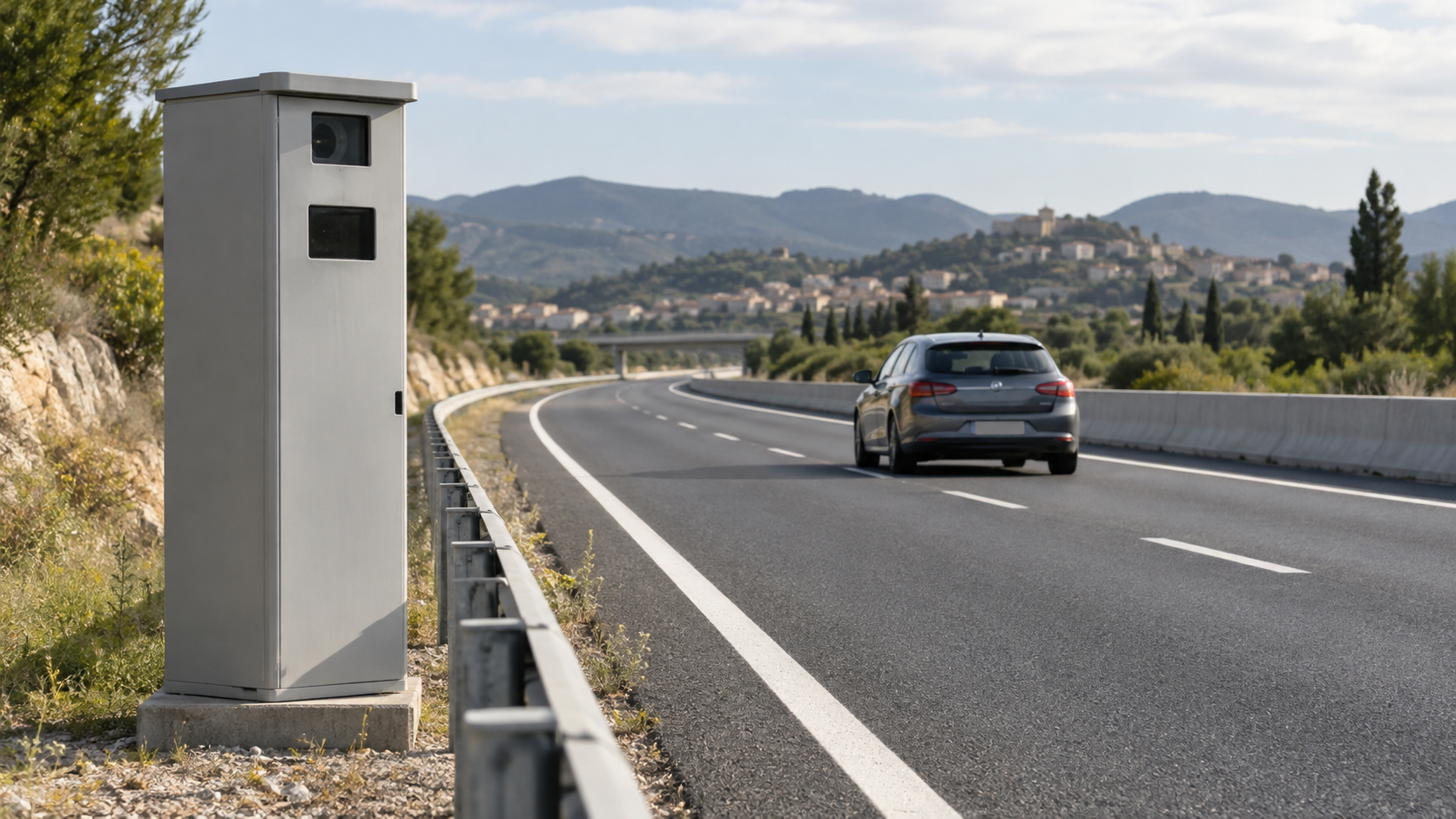 Radar fijo junto a una carretera con un turismo circulando