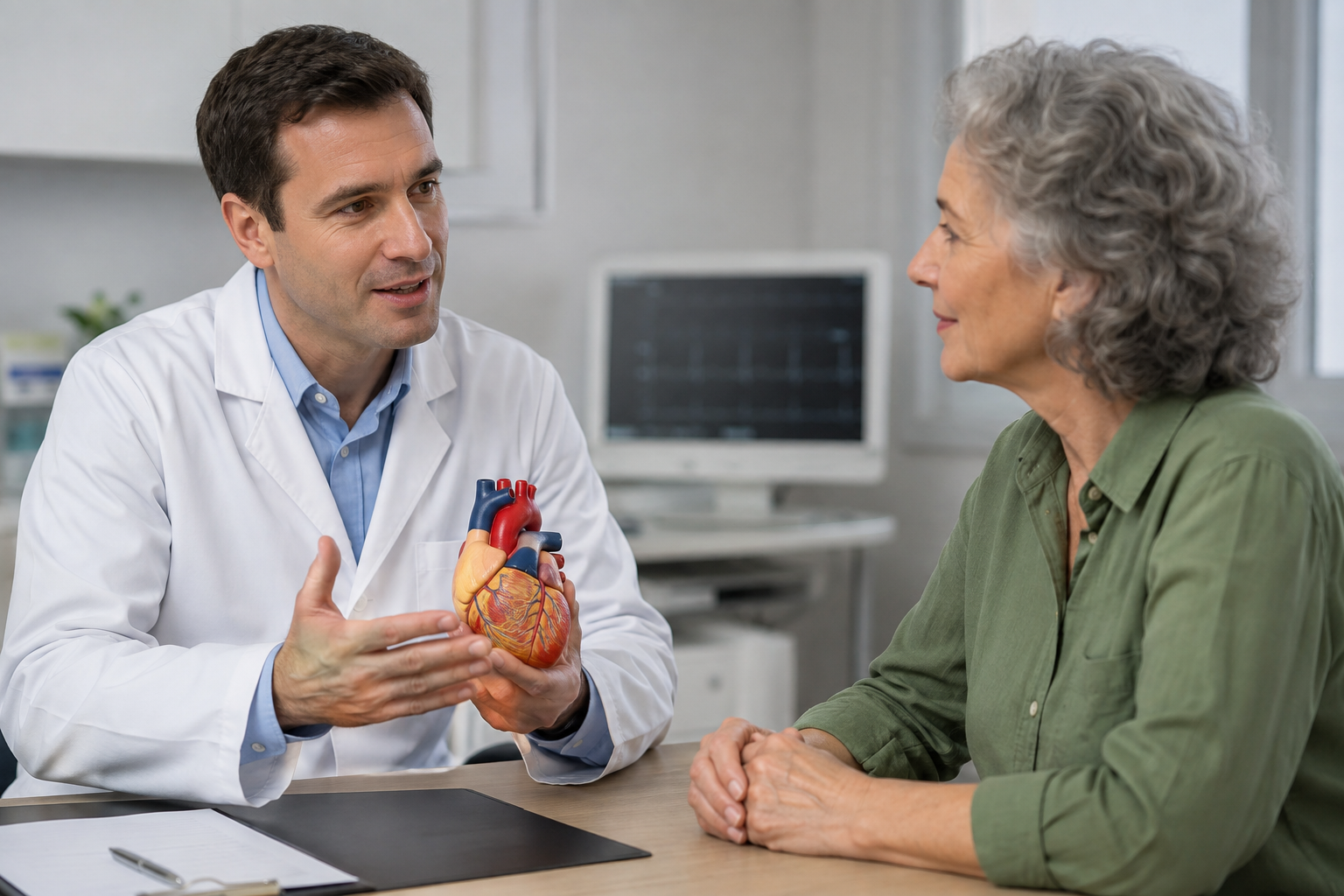 Cardiólogo explica un modelo del corazón a una paciente