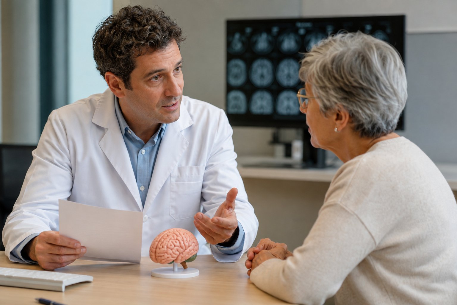 Neurólogo conversa con una paciente junto a un modelo cerebral