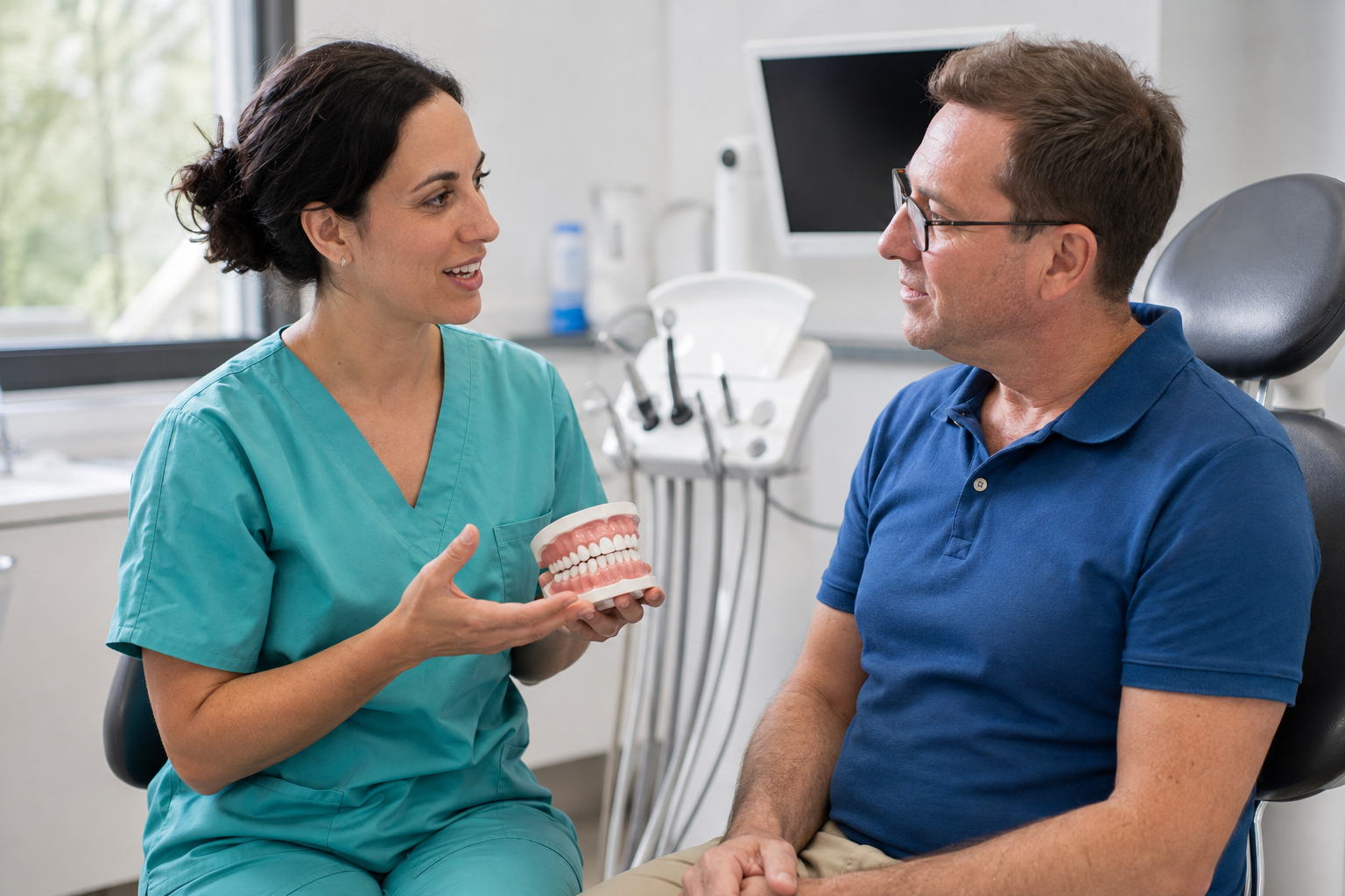 Dentista explica un modelo dental a un paciente