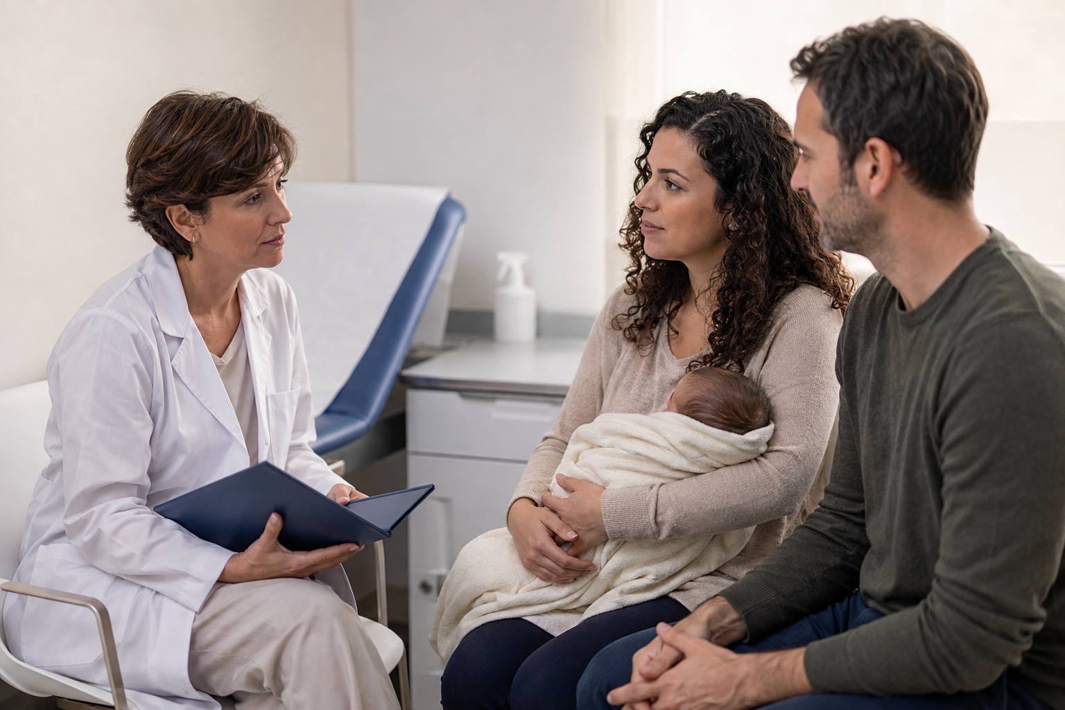 Profesional sanitaria conversa con una madre junto a su bebé