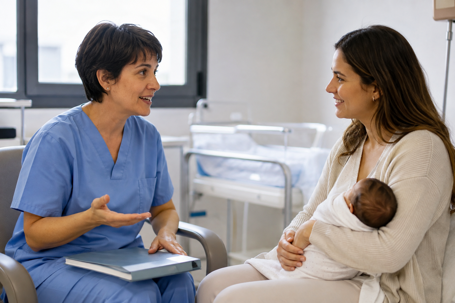 Obstetra conversa con una madre y su bebé