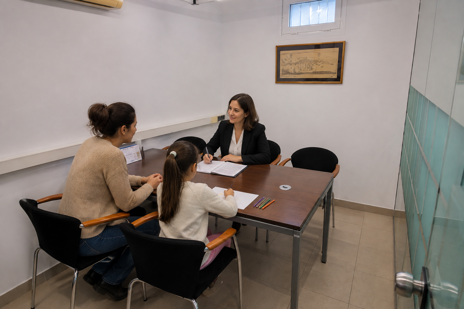 Consulta de una abogada con una madre y su hija en una sala del despacho
