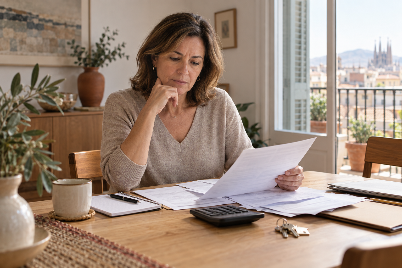 Mujer revisando documentos económicos y gastos del hogar ante una separación en Cataluña
