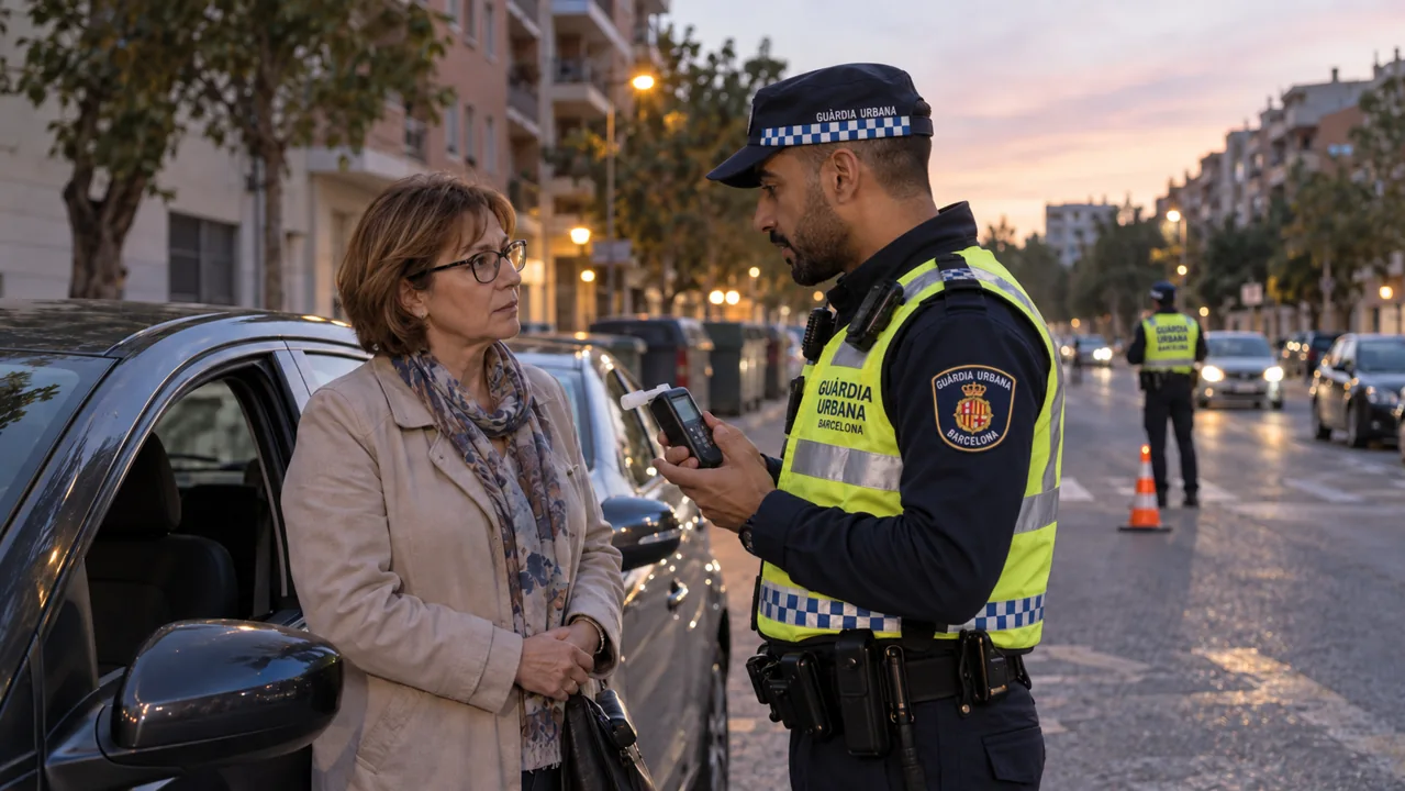 Agente de la Guardia Urbana de Barcelona informa a una conductora durante un control de alcoholemia
