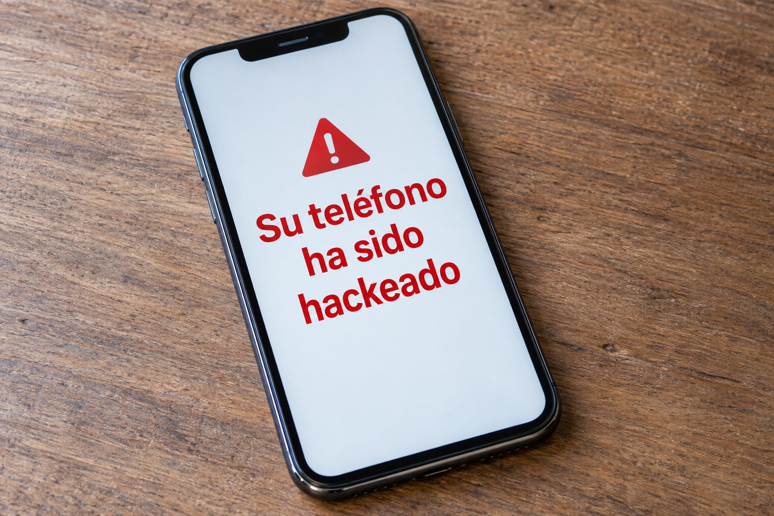 Teléfono boca arriba sobre una mesa con el mensaje rojo «Su teléfono ha sido hackeado» en la pantalla