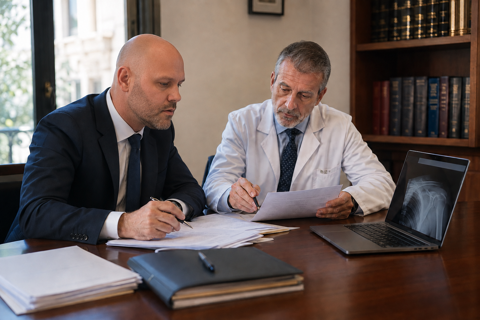 Ferran Herrera y un perito médico en una escena ilustrativa de revisión de documentación clínica