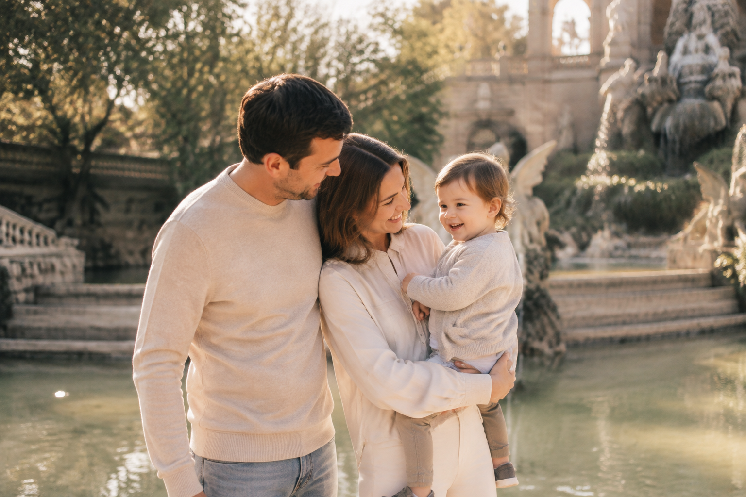 Padres con su hijo en un parque de Barcelona