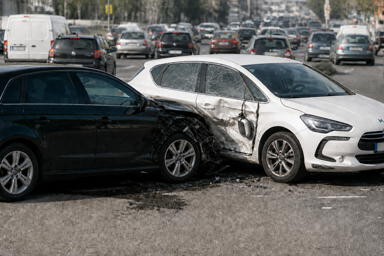 Accidente entre un Audi negro y un Citroën blanco en una vía urbana