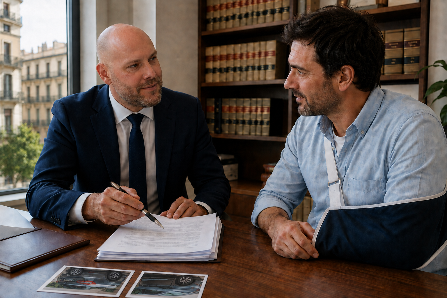 Recreación de Ferran Herrera y un cliente con el brazo en cabestrillo compartiendo una mirada de confianza durante una consulta