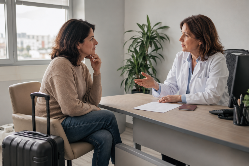 Una paciente consulta con su médica antes de un viaje, con una maleta junto a la silla.