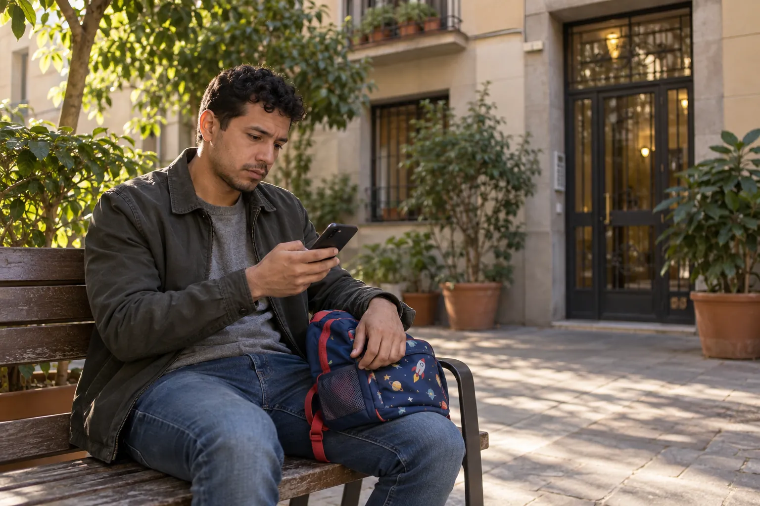 Padre esperando con una mochila infantil mientras consulta su teléfono