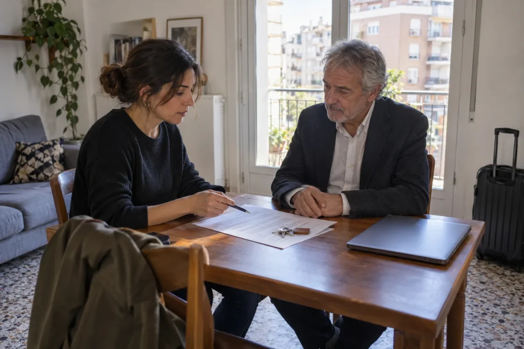 Inquilina y propietario revisando un contrato de alquiler en una vivienda de Barcelona