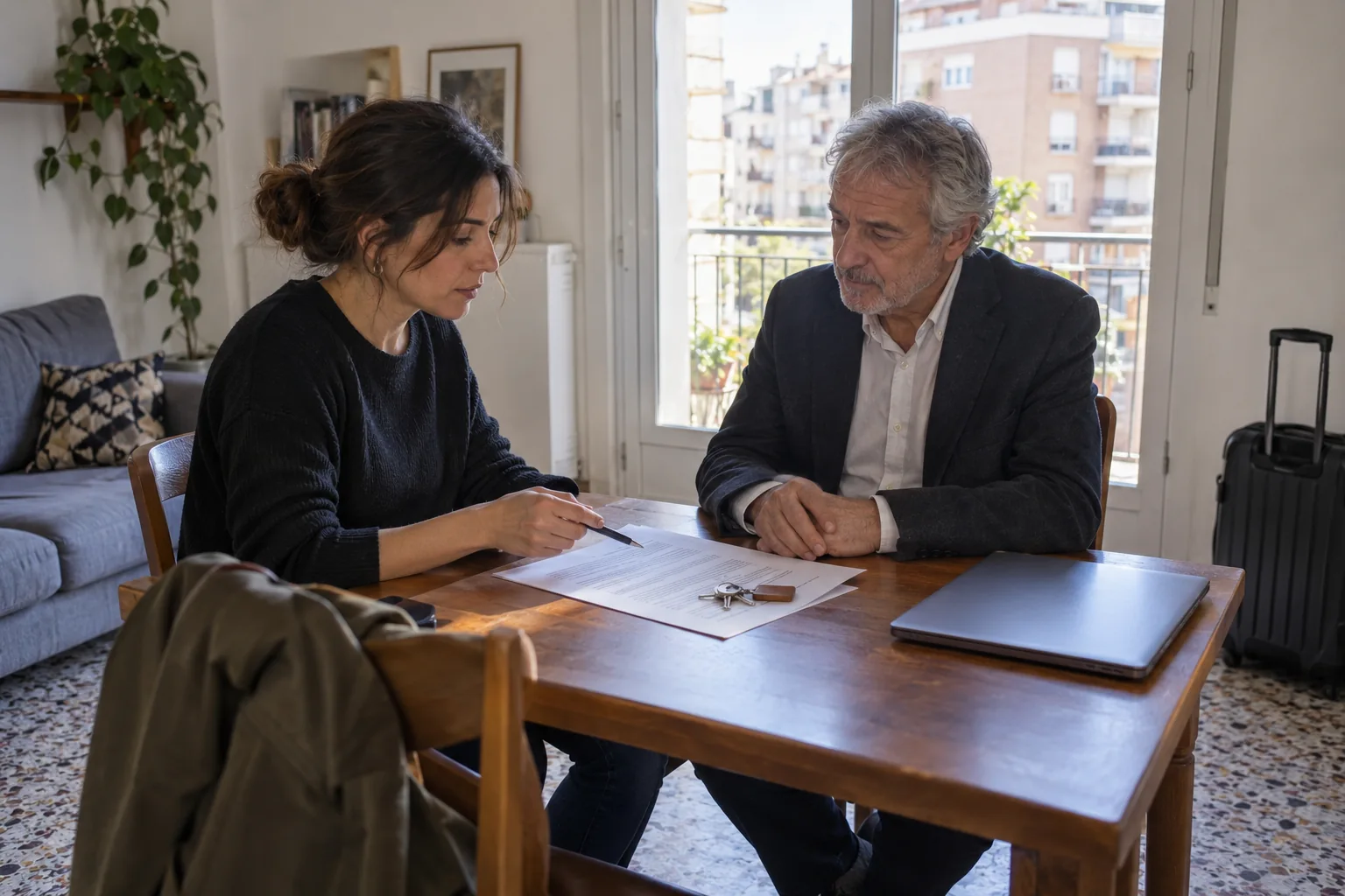 Inquilina y propietario revisando un contrato de alquiler