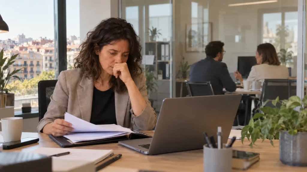 Trabajadora preocupada revisando documentos mientras responsables de la empresa conversan al fondo