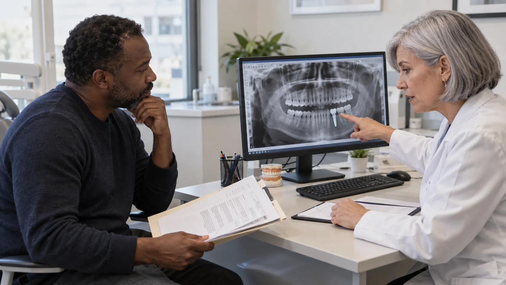 Paciente y odontóloga revisando una radiografía y la documentación de un implante dental