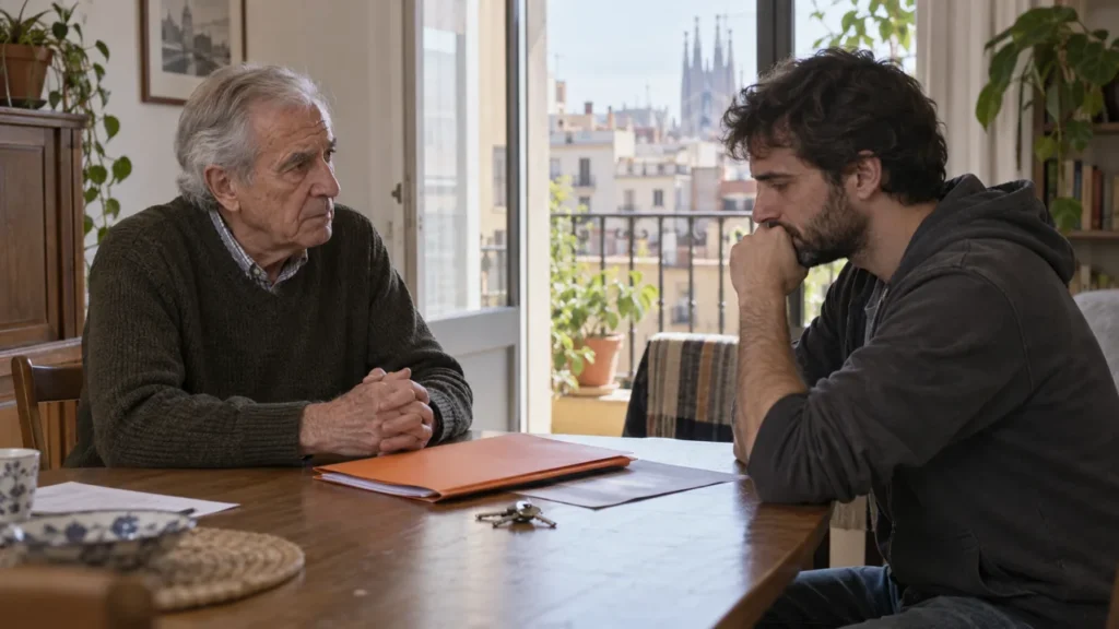 Padre e hijo adulto conversan sobre la devolución de una vivienda familiar